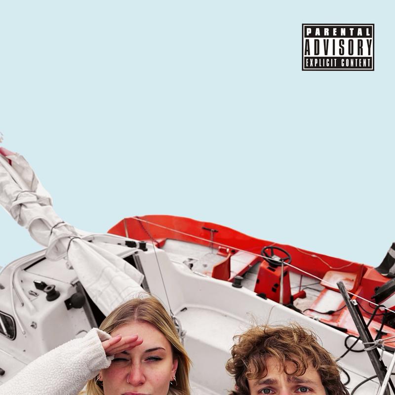 Rock The Boat cover art: Dylan Hand and SUNRAID standing in front of a red boat with a blue background and parental advisory sticker in the top right corner