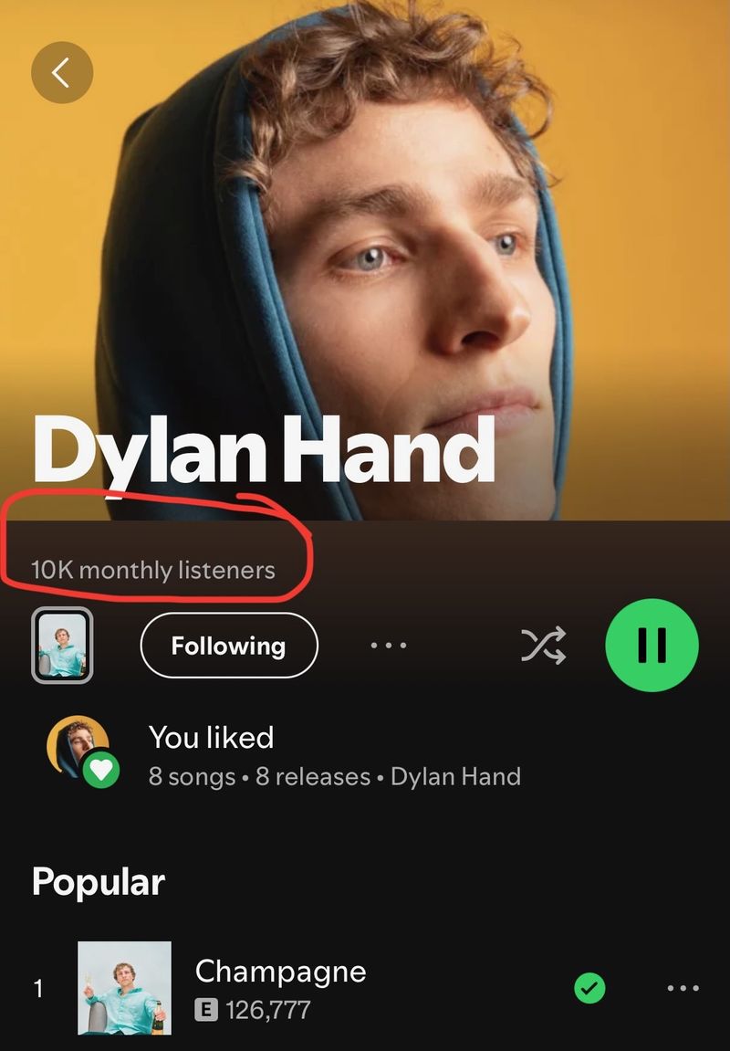 Screenshot of the Dylan Hand Spotify artist page showing 10k monthly listeners